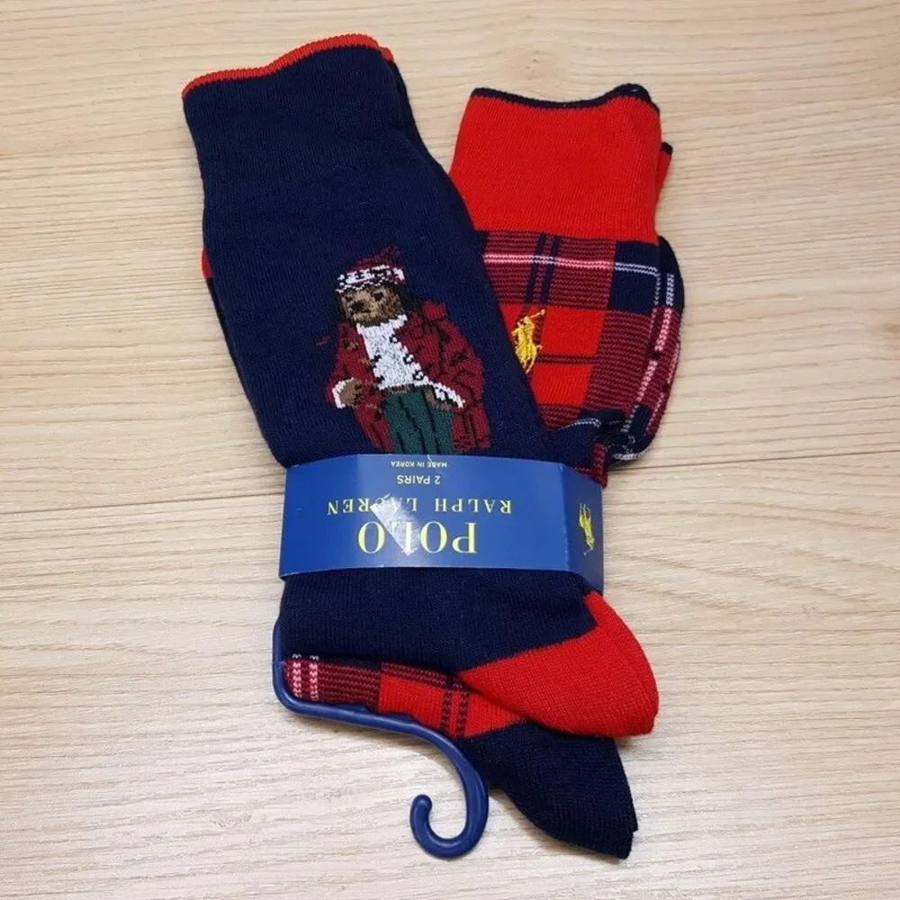 POLO RALPH LAUREN Crew Dress Socks Mens Red Blue 2-Pack Bear Plaid Pony Logo